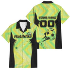 Personalised Matildas Family Matching Off Shoulder Maxi Dress and Hawaiian Shirt Running Kangaroo Soccer Player Chevron Lines