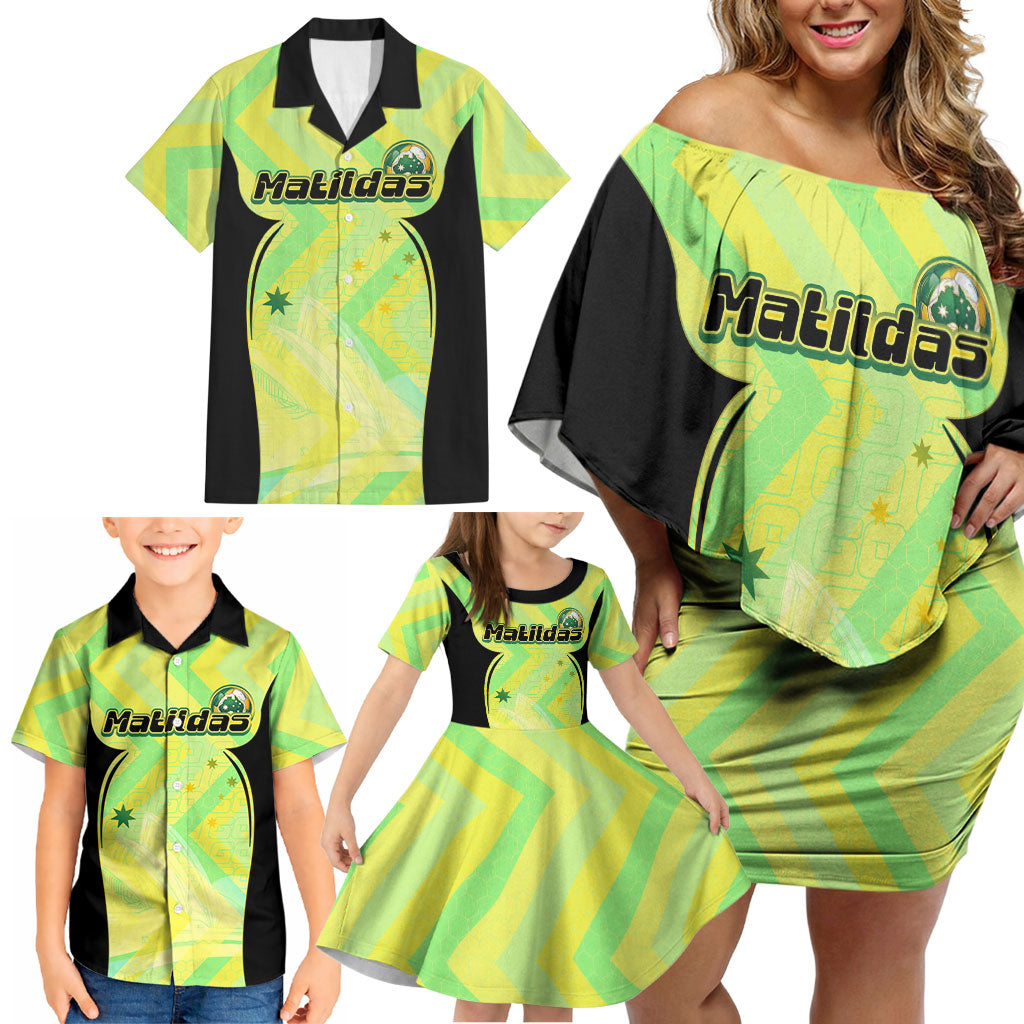 Personalised Matildas Family Matching Off Shoulder Short Dress and Hawaiian Shirt Running Kangaroo Soccer Player Chevron Lines
