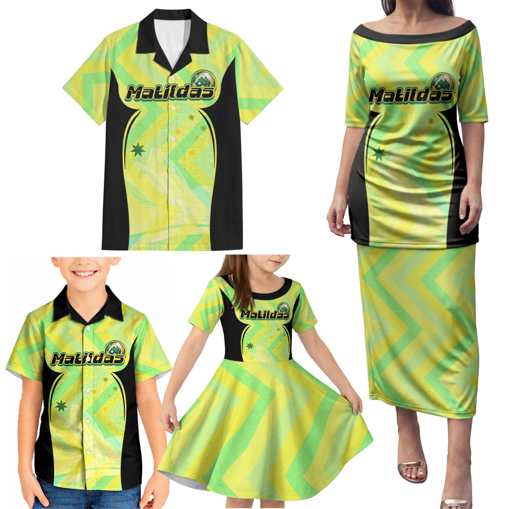 Personalised Matildas Family Matching Puletasi and Hawaiian Shirt Running Kangaroo Soccer Player Chevron Lines