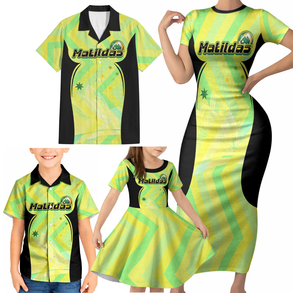 Personalised Matildas Family Matching Short Sleeve Bodycon Dress and Hawaiian Shirt Running Kangaroo Soccer Player Chevron Lines