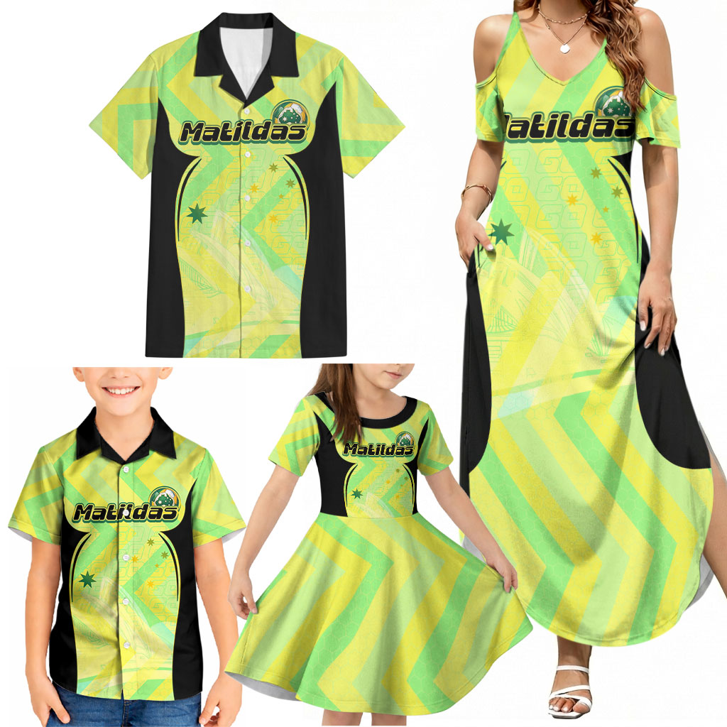 Personalised Matildas Family Matching Summer Maxi Dress and Hawaiian Shirt Running Kangaroo Soccer Player Chevron Lines