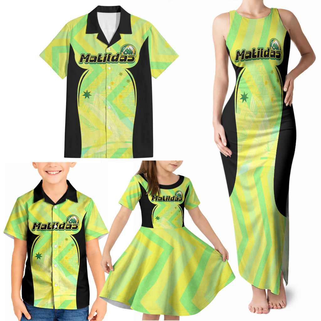Personalised Matildas Family Matching Tank Maxi Dress and Hawaiian Shirt Running Kangaroo Soccer Player Chevron Lines