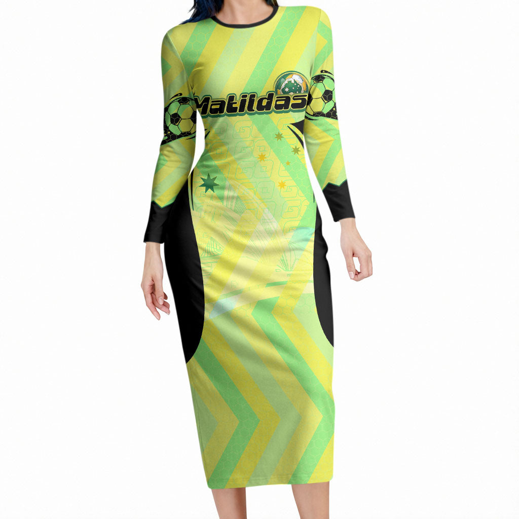 Personalised Matildas Long Sleeve Bodycon Dress Running Kangaroo Soccer Player Chevron Lines