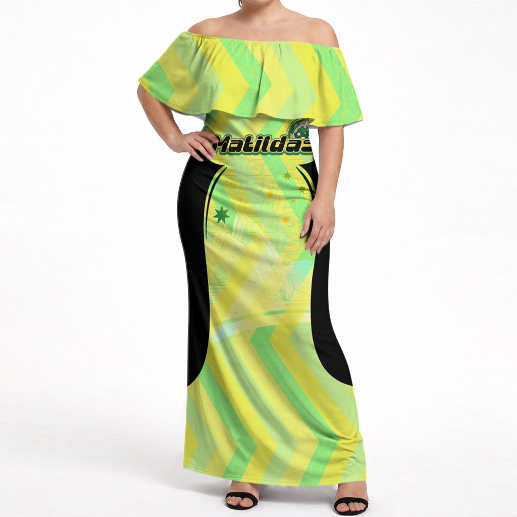 Personalised Matildas Off Shoulder Maxi Dress Running Kangaroo Soccer Player Chevron Lines