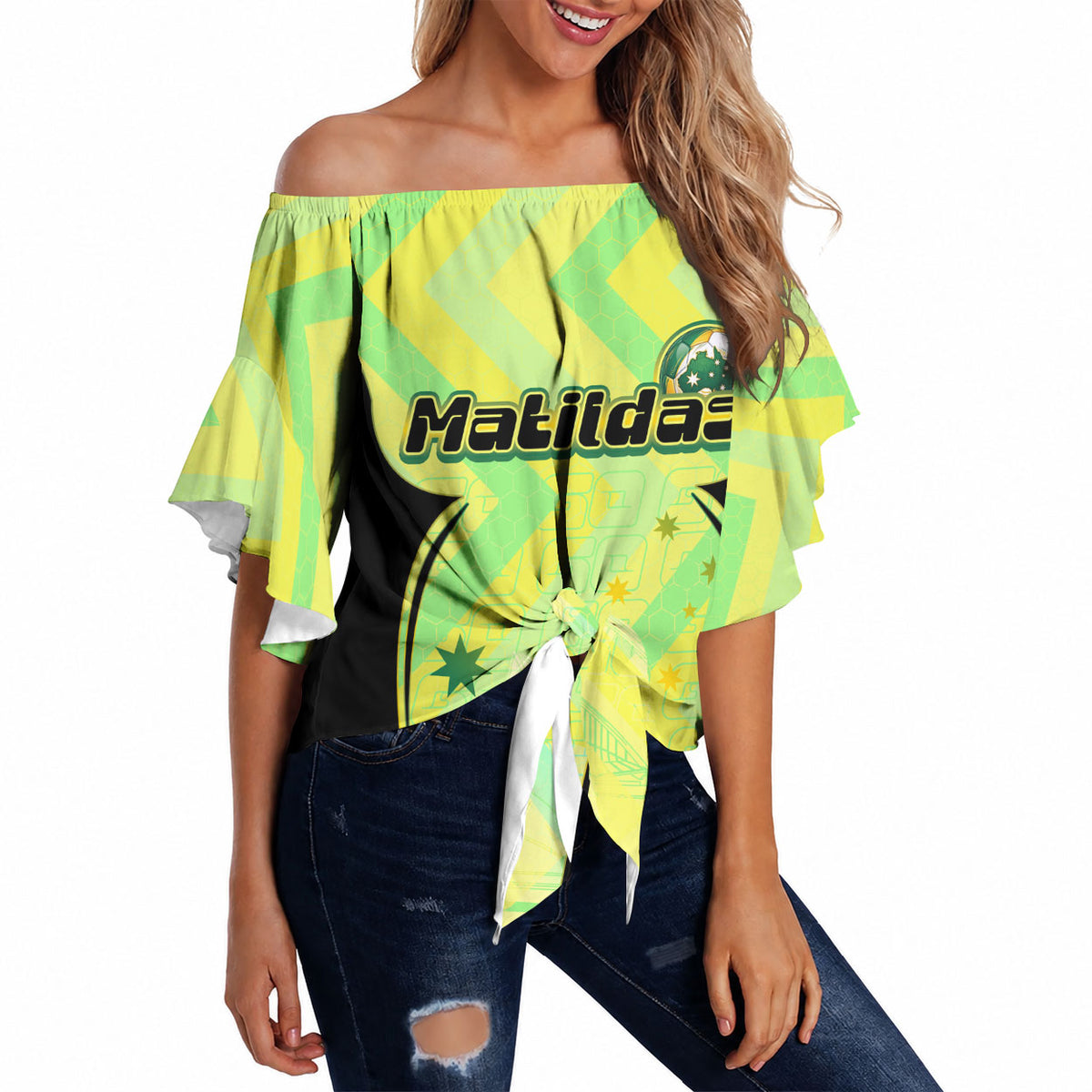 Personalised Matildas Off Shoulder Wrap Waist Top Running Kangaroo Soccer Player Chevron Lines