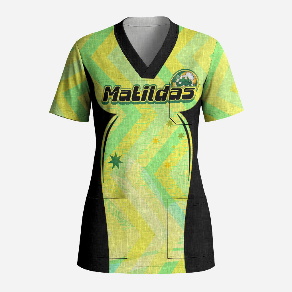 Personalised Matildas Scrub Top Running Kangaroo Soccer Player Chevron Lines