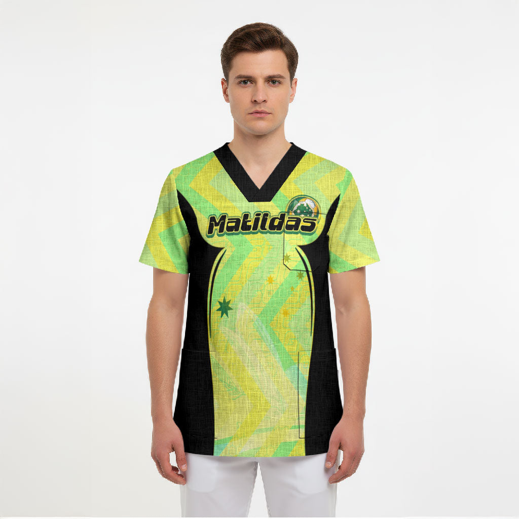 Personalised Matildas Scrub Top Running Kangaroo Soccer Player Chevron Lines