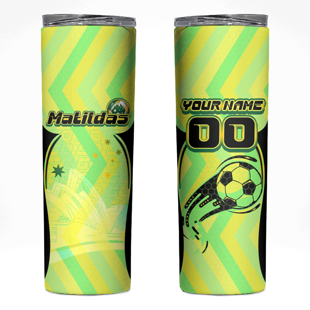 Personalised Matildas Skinny Tumbler Running Kangaroo Soccer Player Chevron Lines