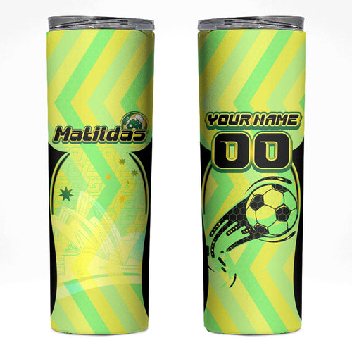 Personalised Matildas Skinny Tumbler Running Kangaroo Soccer Player Chevron Lines