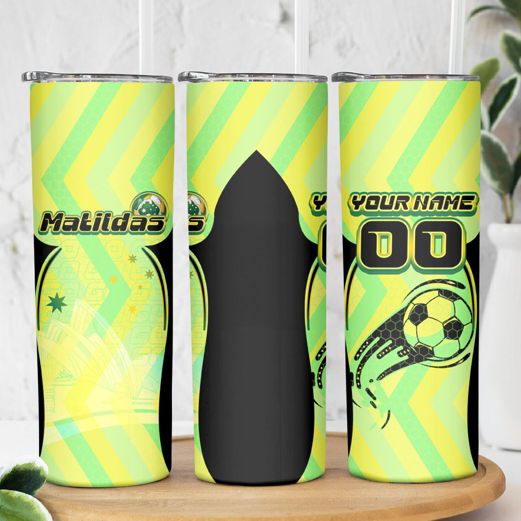 Personalised Matildas Skinny Tumbler Running Kangaroo Soccer Player Chevron Lines