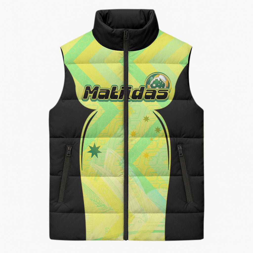 Personalised Matildas Sleeveless Puffer Jacket Running Kangaroo Soccer Player Chevron Lines