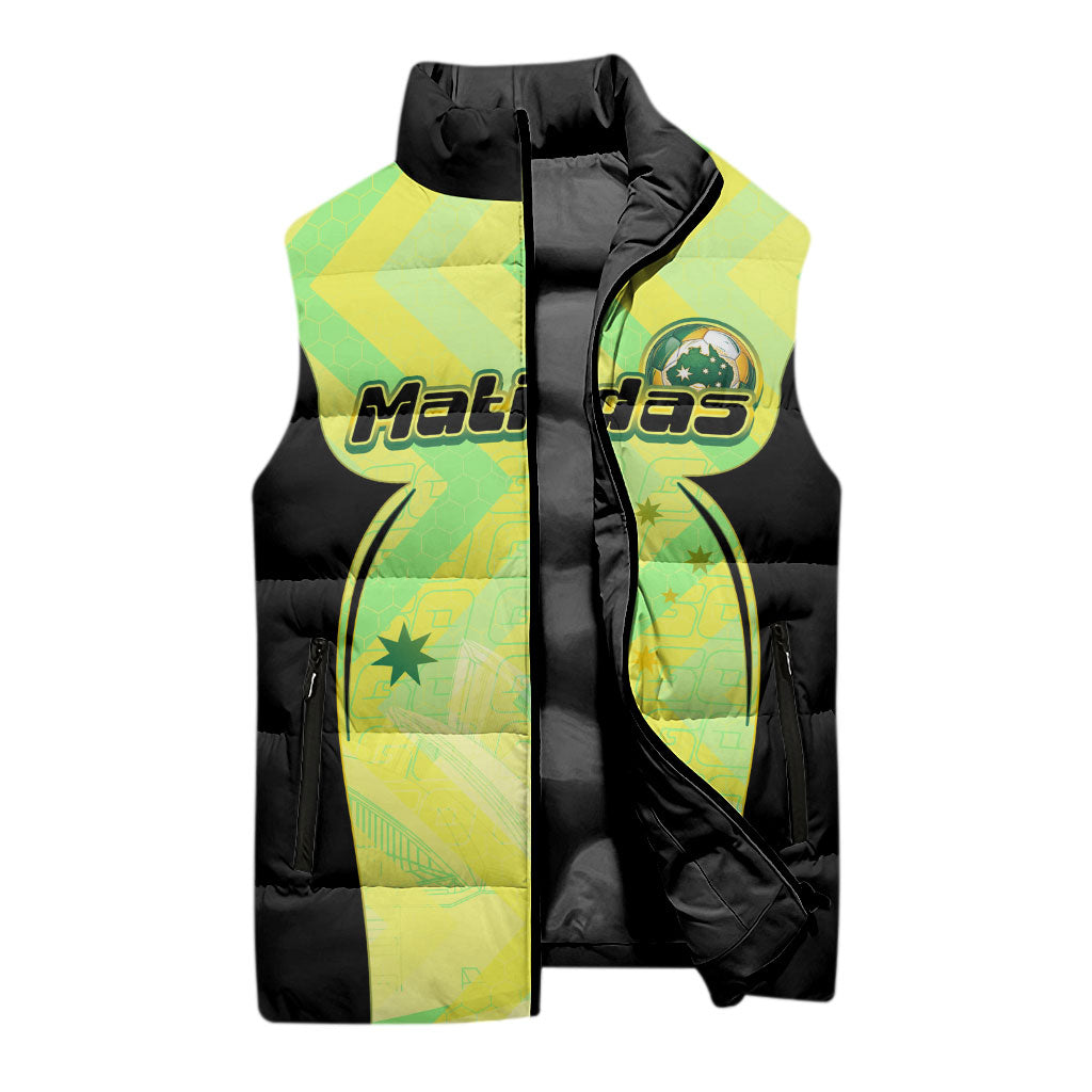 Personalised Matildas Sleeveless Puffer Jacket Running Kangaroo Soccer Player Chevron Lines