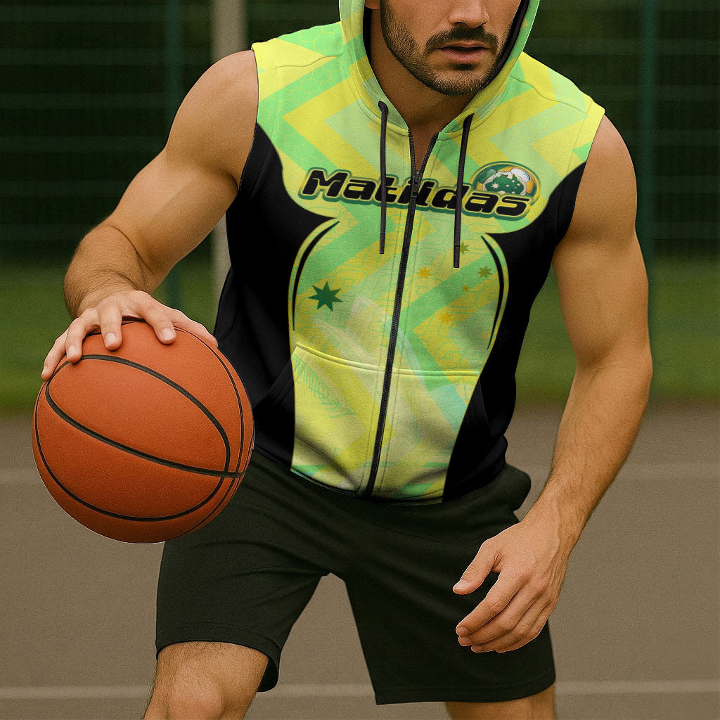 Personalised Matildas Sleeveless Zip Hoodie Running Kangaroo Soccer Player Chevron Lines
