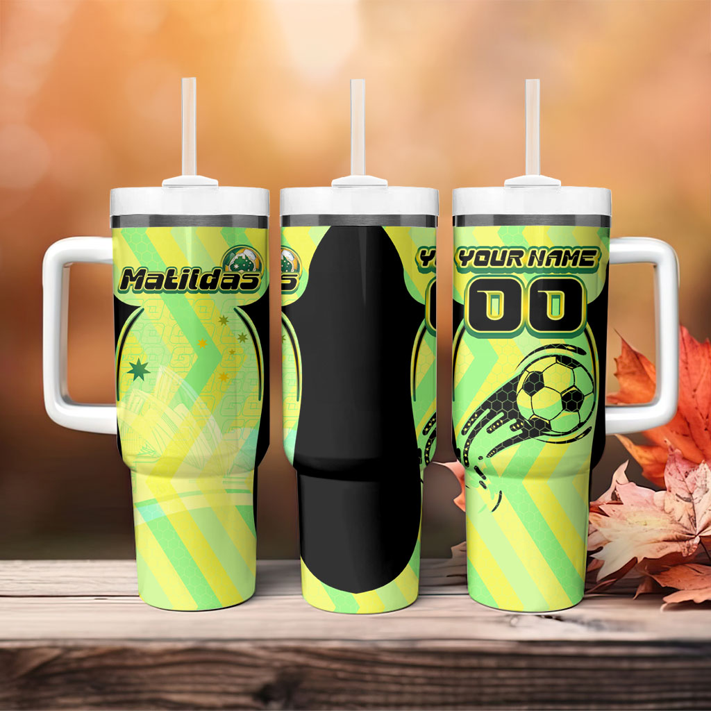 Personalised Matildas Tumbler With Handle Running Kangaroo Soccer Player Chevron Lines