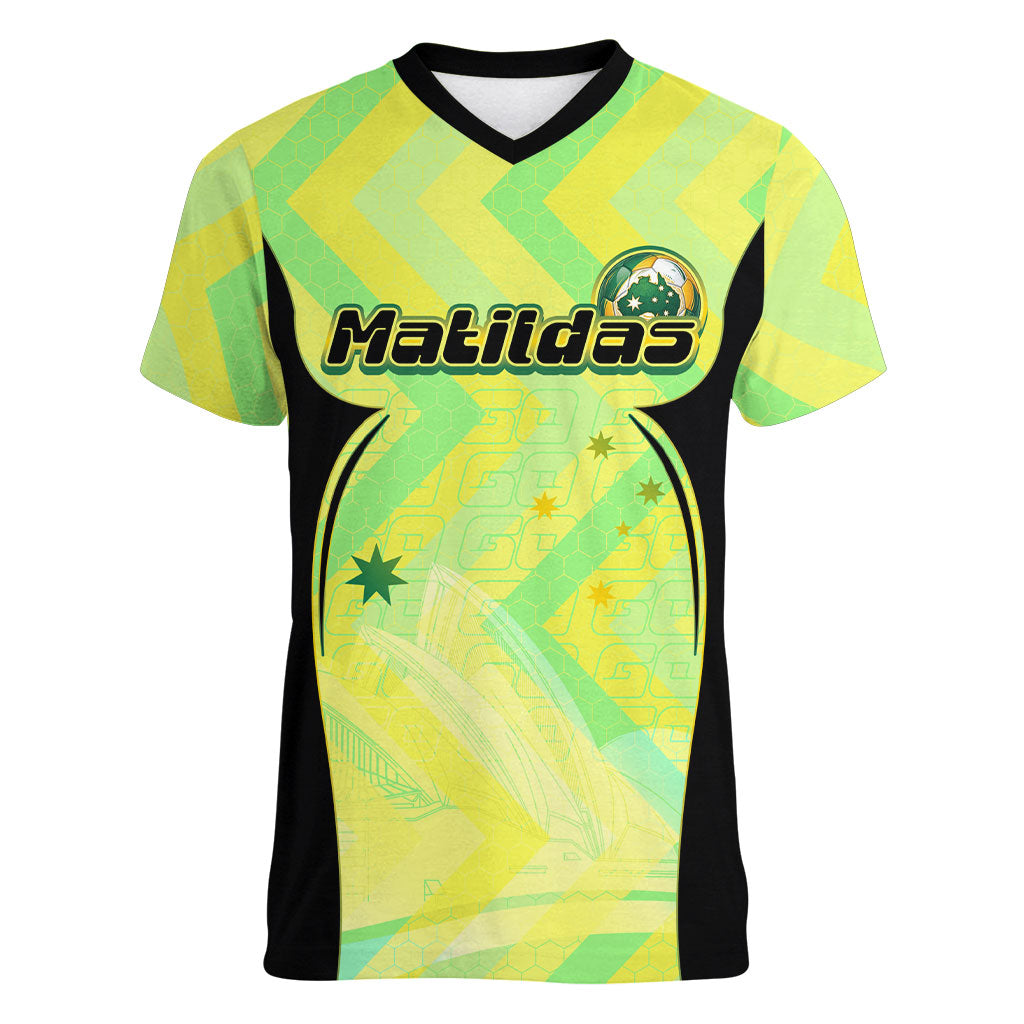Personalised Matildas Women V-Neck T-Shirt Running Kangaroo Soccer Player Chevron Lines