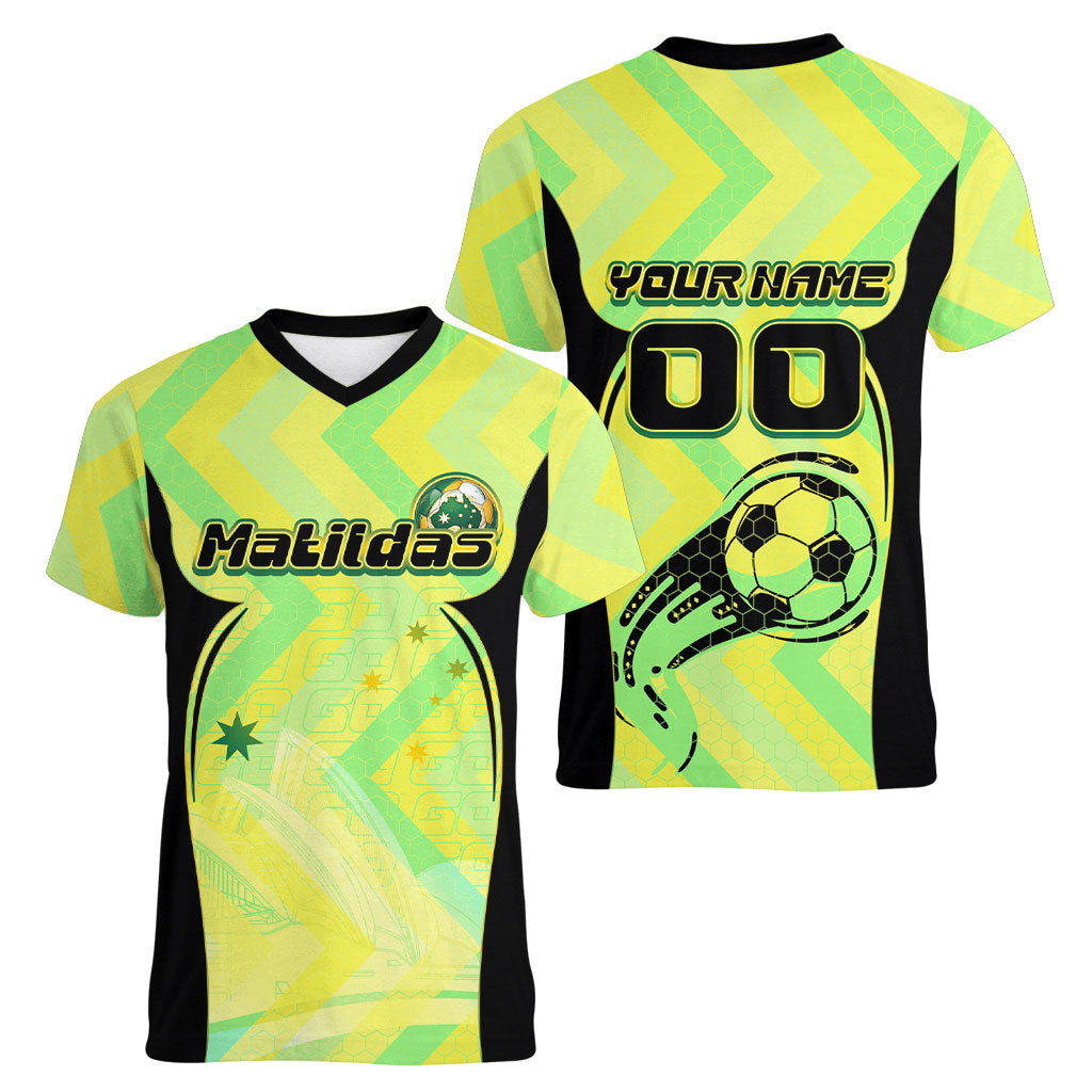 Personalised Matildas Women V-Neck T-Shirt Running Kangaroo Soccer Player Chevron Lines