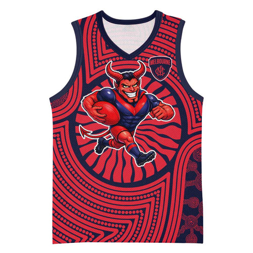 Melbourne Football Club Basketball Jersey Indigenous Monochrome Dot Art Mascot Style
