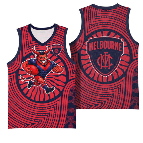 Melbourne Football Club Basketball Jersey Indigenous Monochrome Dot Art Mascot Style