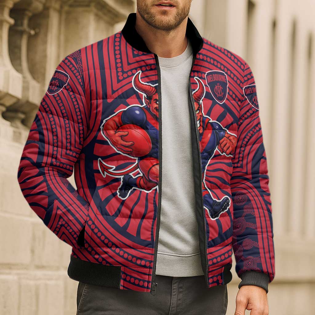 Melbourne Football Club Bomber Puffer Jacket Indigenous Monochrome Dot Art Mascot Style