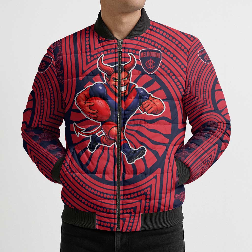 Melbourne Football Club Bomber Puffer Jacket Indigenous Monochrome Dot Art Mascot Style