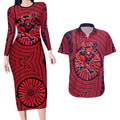 Melbourne Football Club Couples Matching Long Sleeve Bodycon Dress and Hawaiian Shirt Indigenous Monochrome Dot Art Mascot Style