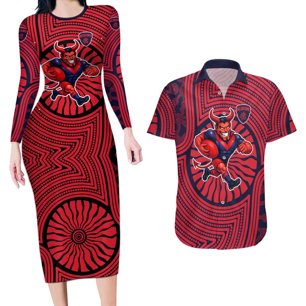 Melbourne Football Club Couples Matching Long Sleeve Bodycon Dress and Hawaiian Shirt Indigenous Monochrome Dot Art Mascot Style