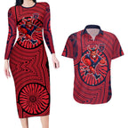 Melbourne Football Club Couples Matching Long Sleeve Bodycon Dress and Hawaiian Shirt Indigenous Monochrome Dot Art Mascot Style