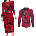 Melbourne Football Club Couples Matching Long Sleeve Bodycon Dress and Long Sleeve Button Shirt Indigenous Monochrome Dot Art Mascot Style