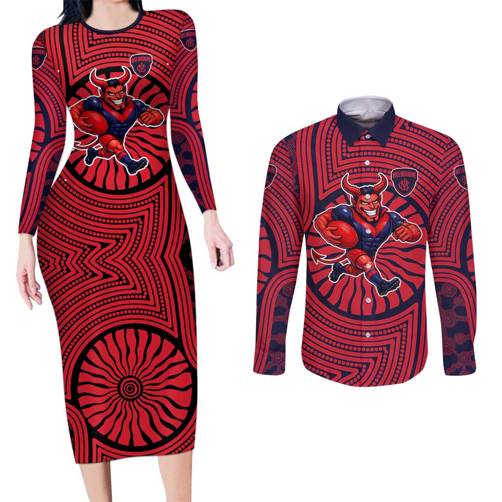 Melbourne Football Club Couples Matching Long Sleeve Bodycon Dress and Long Sleeve Button Shirt Indigenous Monochrome Dot Art Mascot Style