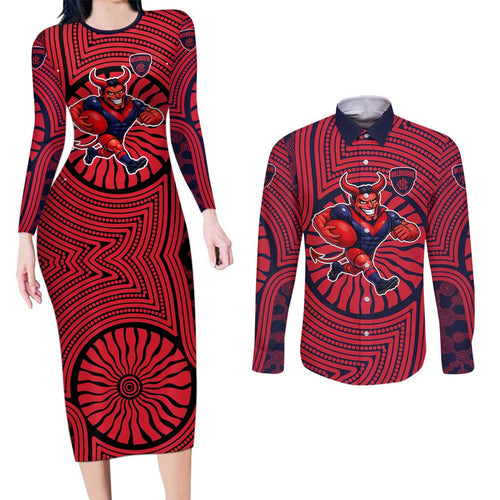 Melbourne Football Club Couples Matching Long Sleeve Bodycon Dress and Long Sleeve Button Shirt Indigenous Monochrome Dot Art Mascot Style