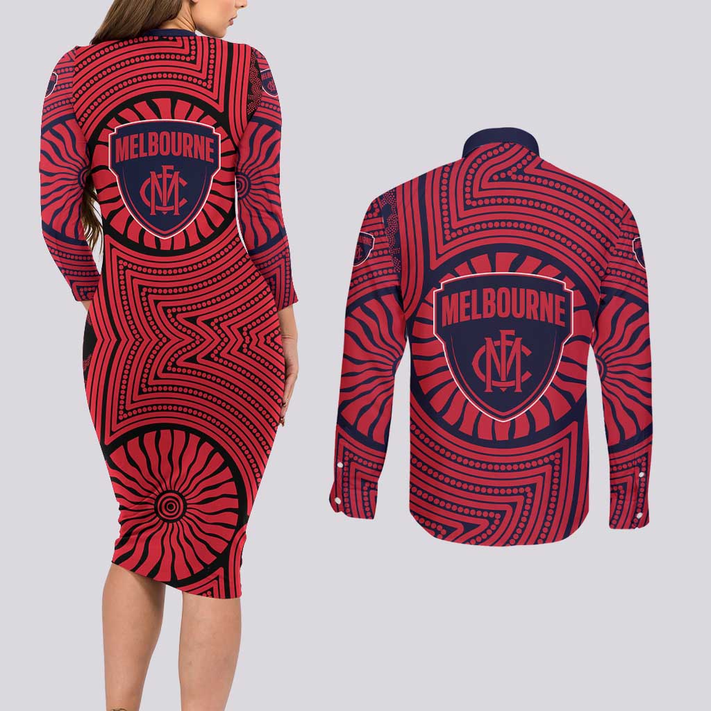 Melbourne Football Club Couples Matching Long Sleeve Bodycon Dress and Long Sleeve Button Shirt Indigenous Monochrome Dot Art Mascot Style
