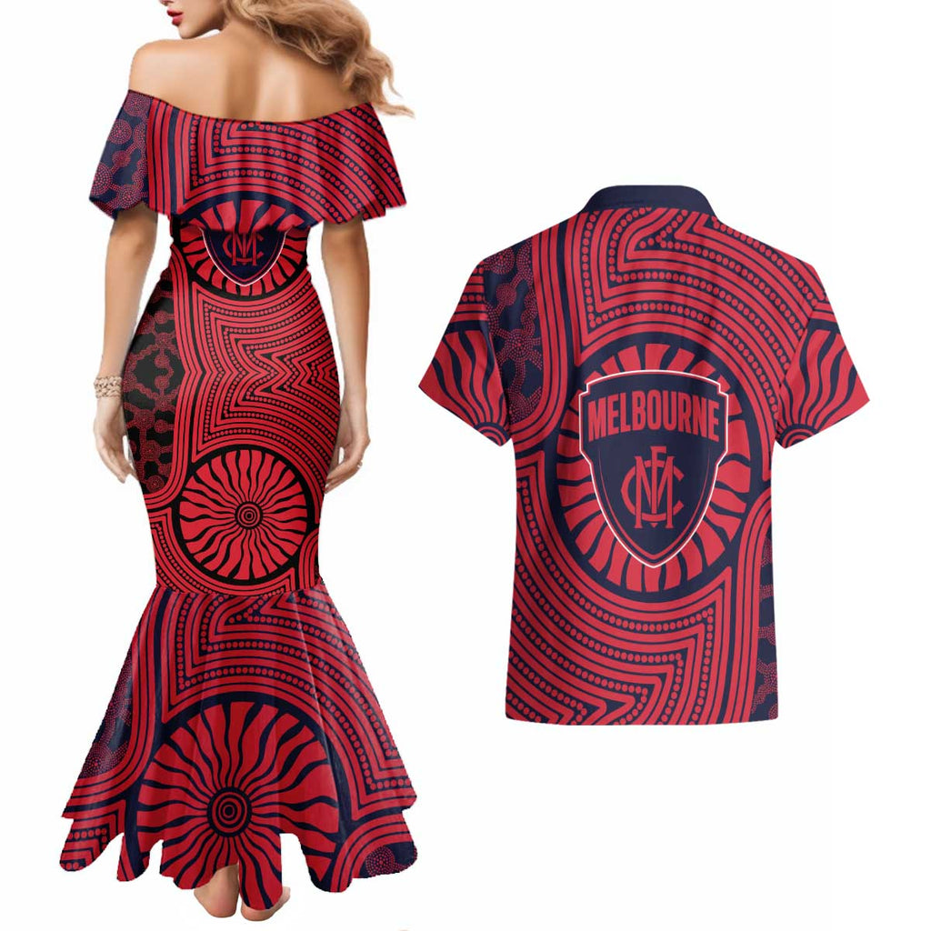 Melbourne Football Club Couples Matching Mermaid Dress and Hawaiian Shirt Indigenous Monochrome Dot Art Mascot Style