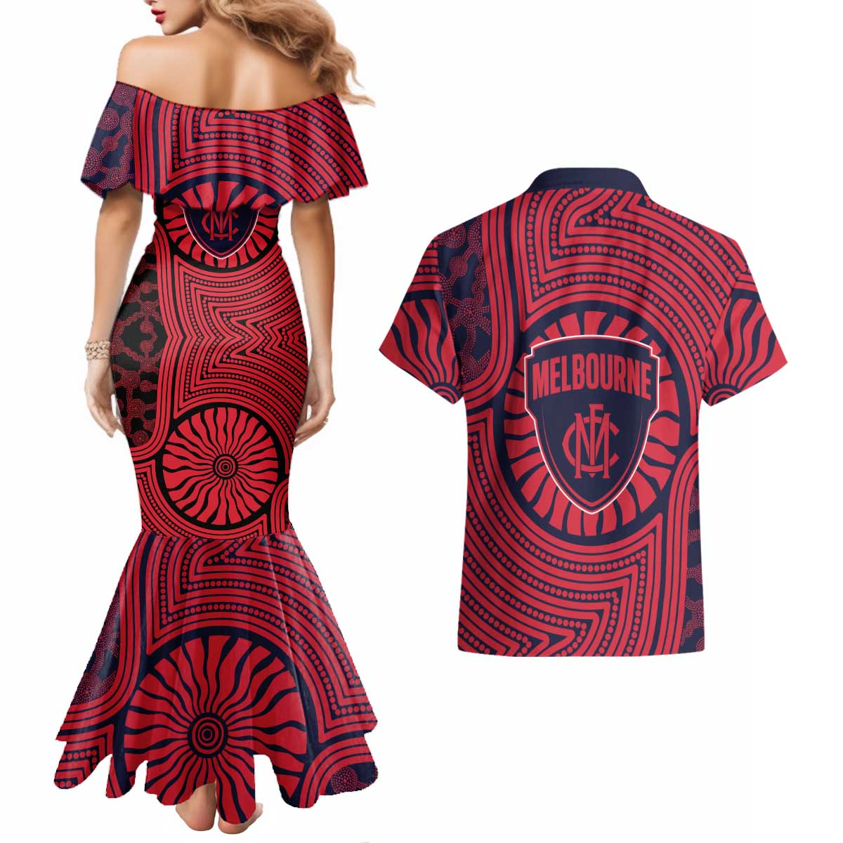 Melbourne Football Club Couples Matching Mermaid Dress and Hawaiian Shirt Indigenous Monochrome Dot Art Mascot Style