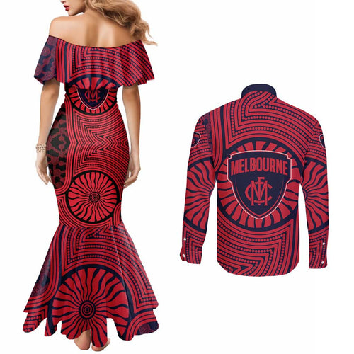Melbourne Football Club Couples Matching Mermaid Dress and Long Sleeve Button Shirt Indigenous Monochrome Dot Art Mascot Style