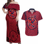 Melbourne Football Club Couples Matching Off Shoulder Maxi Dress and Hawaiian Shirt Indigenous Monochrome Dot Art Mascot Style