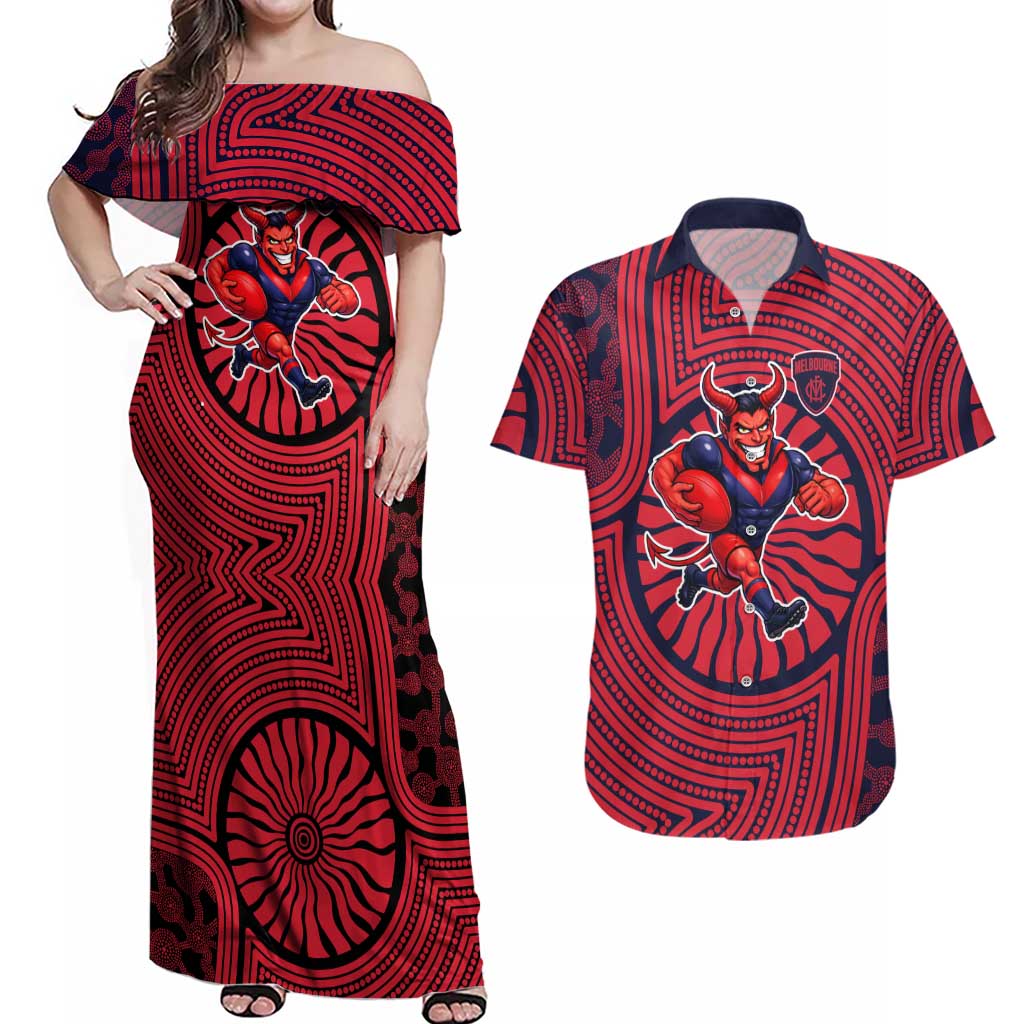 Melbourne Football Club Couples Matching Off Shoulder Maxi Dress and Hawaiian Shirt Indigenous Monochrome Dot Art Mascot Style