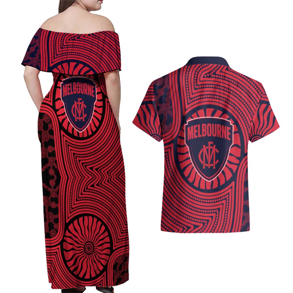 Melbourne Football Club Couples Matching Off Shoulder Maxi Dress and Hawaiian Shirt Indigenous Monochrome Dot Art Mascot Style