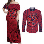 Melbourne Football Club Couples Matching Off Shoulder Maxi Dress and Long Sleeve Button Shirt Indigenous Monochrome Dot Art Mascot Style