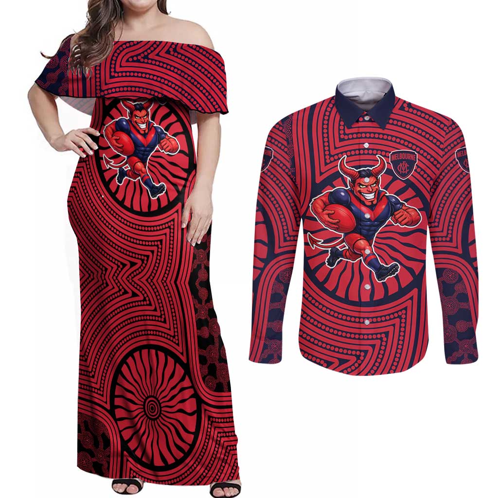 Melbourne Football Club Couples Matching Off Shoulder Maxi Dress and Long Sleeve Button Shirt Indigenous Monochrome Dot Art Mascot Style