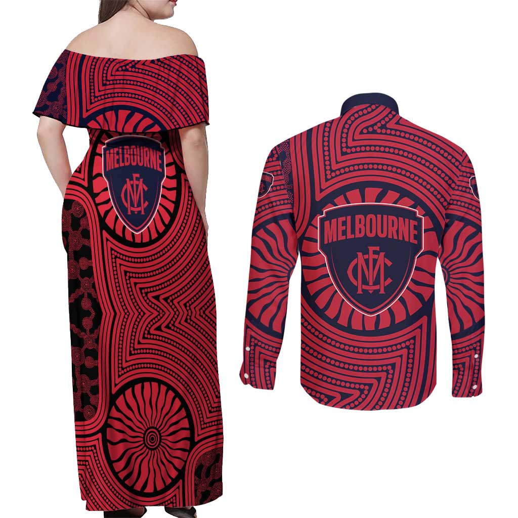 Melbourne Football Club Couples Matching Off Shoulder Maxi Dress and Long Sleeve Button Shirt Indigenous Monochrome Dot Art Mascot Style