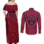 Melbourne Football Club Couples Matching Off Shoulder Maxi Dress and Long Sleeve Button Shirt Indigenous Monochrome Dot Art Mascot Style