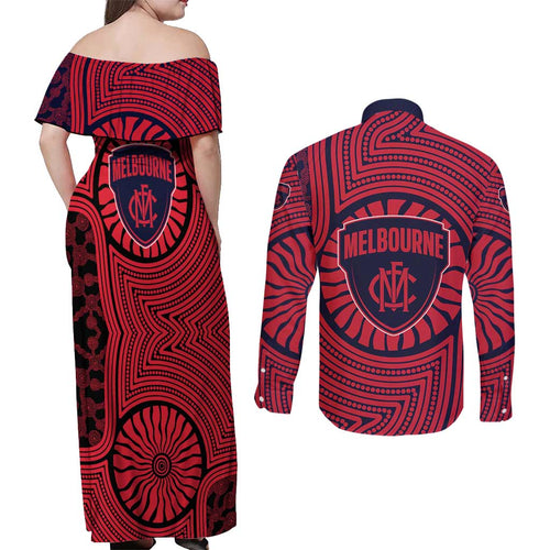 Melbourne Football Club Couples Matching Off Shoulder Maxi Dress and Long Sleeve Button Shirt Indigenous Monochrome Dot Art Mascot Style