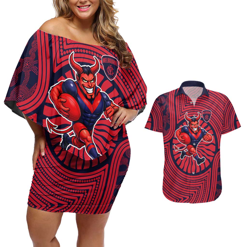 Melbourne Football Club Couples Matching Off Shoulder Short Dress and Hawaiian Shirt Indigenous Monochrome Dot Art Mascot Style