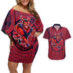 Melbourne Football Club Couples Matching Off Shoulder Short Dress and Hawaiian Shirt Indigenous Monochrome Dot Art Mascot Style
