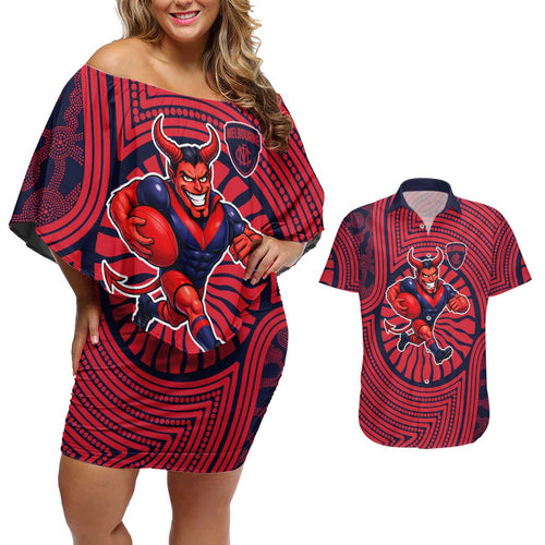 Melbourne Football Club Couples Matching Off Shoulder Short Dress and Hawaiian Shirt Indigenous Monochrome Dot Art Mascot Style
