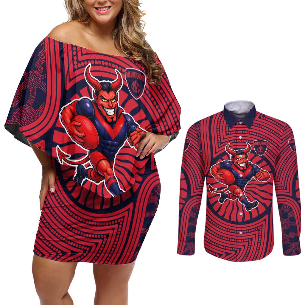 Melbourne Football Club Couples Matching Off Shoulder Short Dress and Long Sleeve Button Shirt Indigenous Monochrome Dot Art Mascot Style