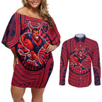 Melbourne Football Club Couples Matching Off Shoulder Short Dress and Long Sleeve Button Shirt Indigenous Monochrome Dot Art Mascot Style
