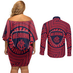 Melbourne Football Club Couples Matching Off Shoulder Short Dress and Long Sleeve Button Shirt Indigenous Monochrome Dot Art Mascot Style