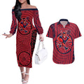 Melbourne Football Club Couples Matching Off The Shoulder Long Sleeve Dress and Hawaiian Shirt Indigenous Monochrome Dot Art Mascot Style