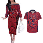 Melbourne Football Club Couples Matching Off The Shoulder Long Sleeve Dress and Hawaiian Shirt Indigenous Monochrome Dot Art Mascot Style